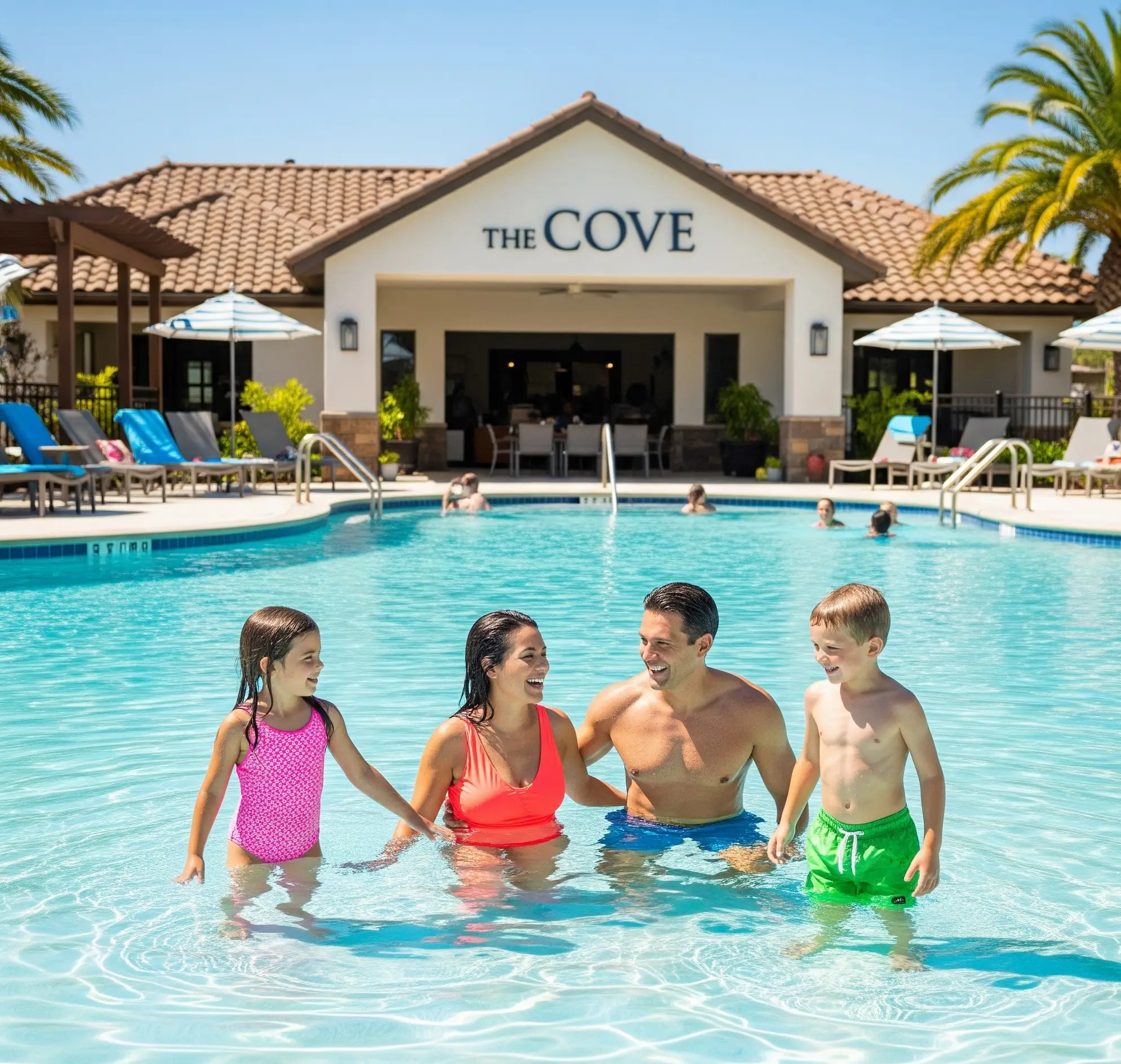 A Family Enjoying The Cove Pool Complex In Caliterra