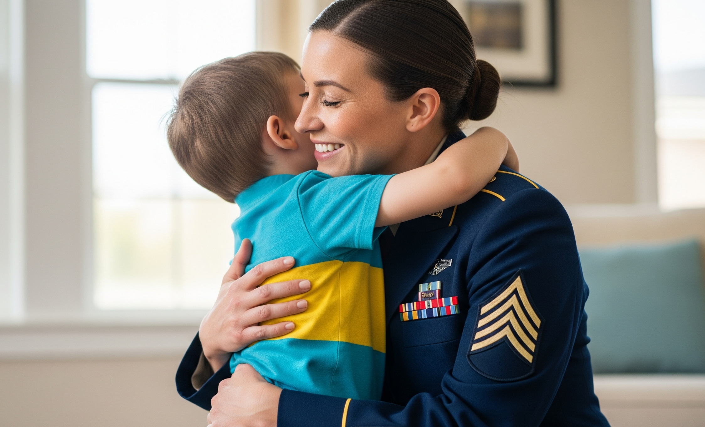 A Respectful And Heartwarming Photo Of A Person In A Military Uniform Embracing Their Child Or Partner.